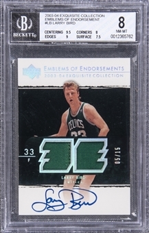 2003-04 UD "Exquisite Collection" Emblems of Endorsement #LB Larry Bird Signed Game Used Patch Card (#05/15) - BGS NM-MT 8/BGS 10